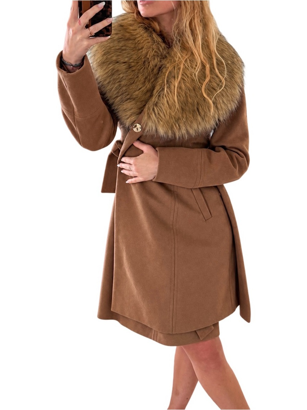 RARE!! Karl Lagerfeld Brown Wool Trench Coat with Faux Fur Collar - Picture 4 of 10
